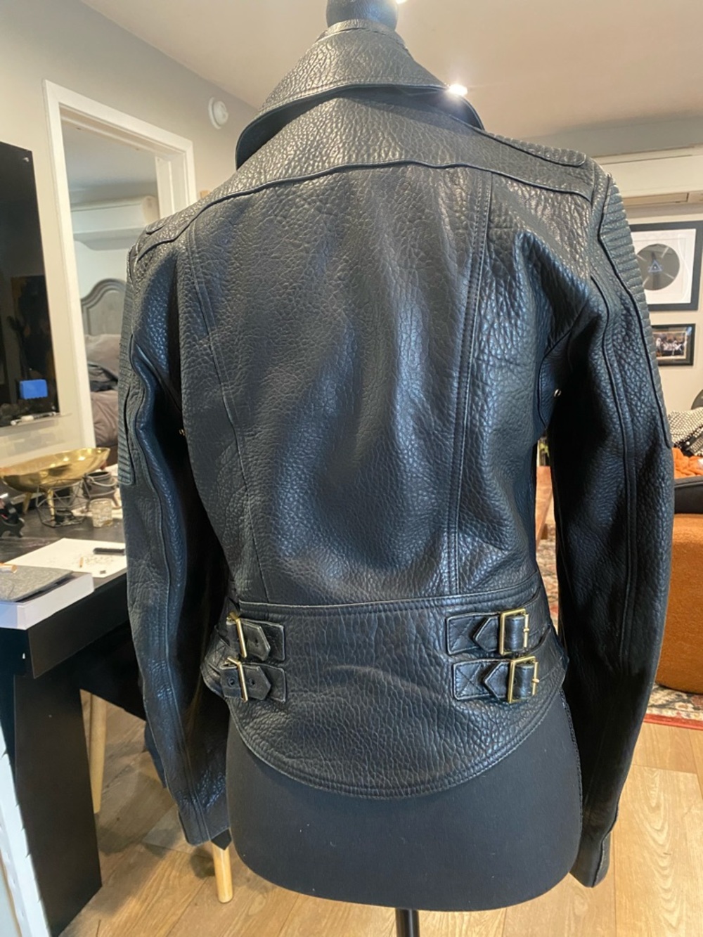 Burberry Black Leather Double-Breasted Moto Jacket with Gold Hardware - Picture 2 of 4